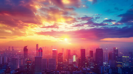 Obraz premium A vibrant city skyline at sunset with ample copy space for text, ideal for stock photos and sale banners.