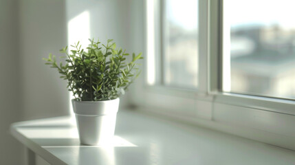 Fototapeta premium a closeup pot of little plant on table near window on morning