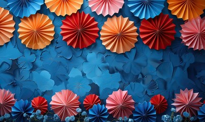 american flag color paper fans on blue background banner design for presidents day memorial day labor day celebration.image