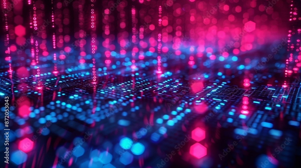 Poster A close-up, abstract image of a digital circuit board with glowing pink and blue lights. The lights create a dynamic and futuristic visual.