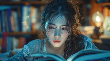 Young Woman Reading a Book in a Library Setting With Warm Lighting