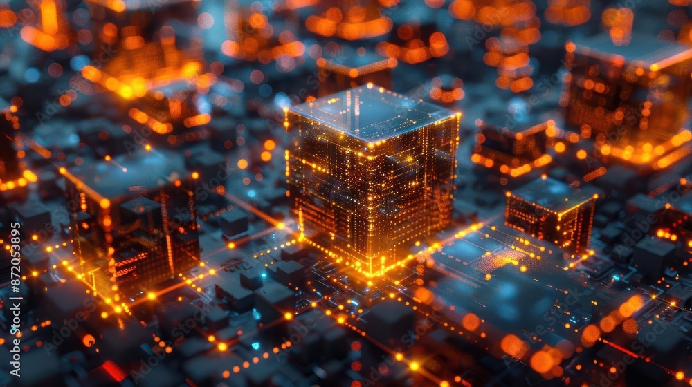Poster futuristic digital circuit board concept with glowing blocks representing advanced technology, ai, a
