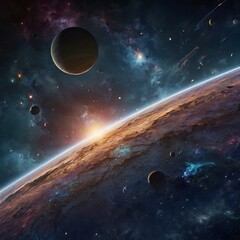 Obraz premium Planetary Cluster with Celestial Spiral in Galactic Cosmos