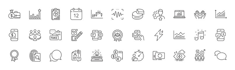 Business statistics, Pie chart and Currency rate line icons. Pack of Inspect, Typewriter, Chat message icon. Meeting, Smartphone sms, Trade infochart pictogram. Success, Fake document. Vector