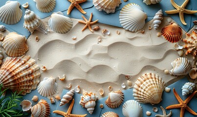 set of wedding invitation card, blue envelope, seashells on beige table save the date sea style design nautical wedding concept.illustration