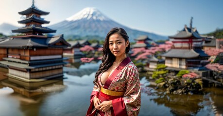 a woman in a kimono and a mountain are seen from above