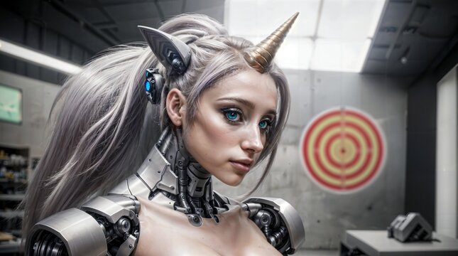 a sexy woman in unicron armor poses with horn on her head