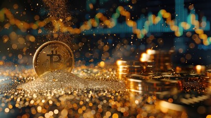 Time passing with sand falling onto bitcoin coins, representing financial growth and investment, with an indistinct stock market graph in the background