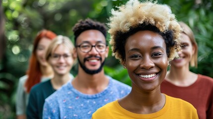 Diverse Group of Volunteers Smiling in Green Outdoor Setting for Community Engagement