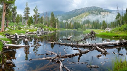 A winding pathway of fallen logs crosses a tranquil mountain lake on a cloudy summer day, with lush green forests lining the shores