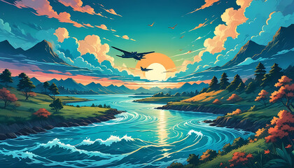 landscape with mountains and lake illustration, airplane, clouds, river, nature