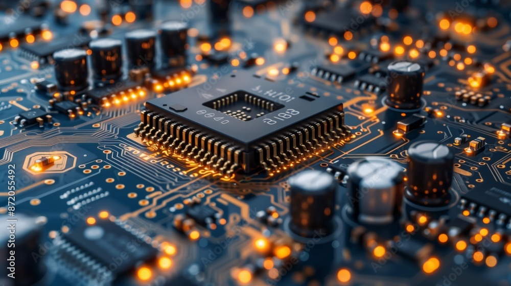 Poster A close-up image of a microchip on a circuit board, with visible circuitry and components. The microchip is illuminated, highlighting its intricate details.