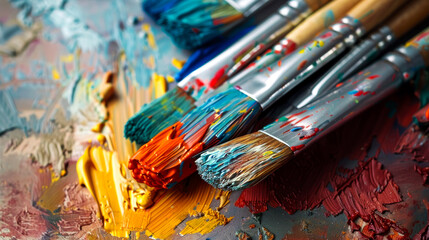 Fototapeta premium closeup colorful of crossing out paint brush on canvas show brush and ink canisters