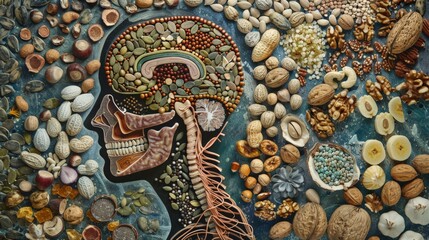 Collage of a silhouette of the human nervous system enhanced by magnesium-rich foods like nuts and seeds