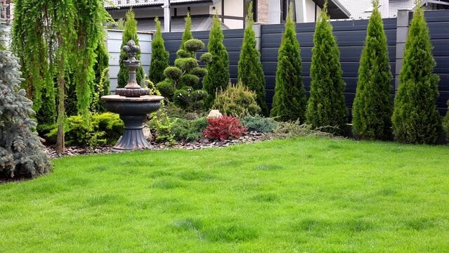 Landscape around the house.Trees, lawn, landscaping, greenery. Juniper, thuja, spruce, crushed stone, paths.Patio, sitting area.