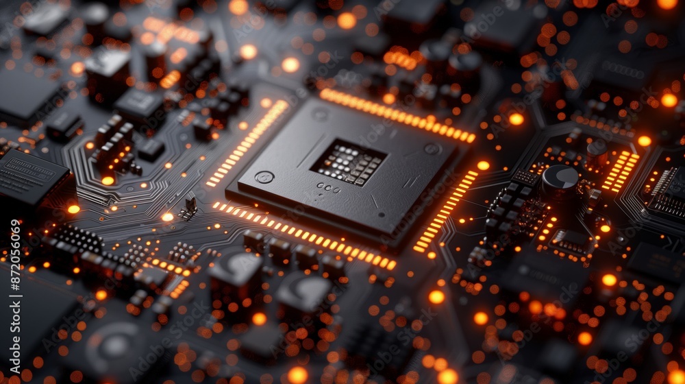 Poster A close-up photo of a circuit board with glowing orange components, highlighting the intricate design and complexity of modern technology.