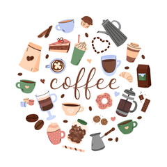 Coffee vector doodles set. Round design. Circle shaped illustration of morning coffee mug cappuccino, espresso, frappe and mocha, different beverages and desserts. Cute simple hand drawn elements