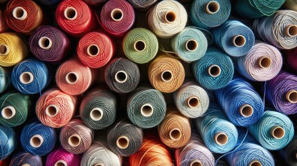 Fototapeta premium Top view of a diverse assortment of thread spools in vivid colors, arranged neatly to inspire sewing enthusiasts and artisans