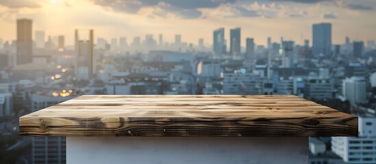 Fototapeta premium Wooden table with a white box podium, blurred cityscape backdrop, perfect for product display mockups.