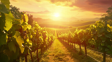 Sunset over a vineyard with ample copy space, perfect for sale banners.