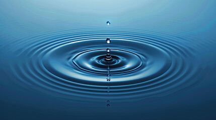 Water drop on a blue background, 3D render of one water drop falling in a blue background, abstract wavy water ripples on the surface - Generative AI