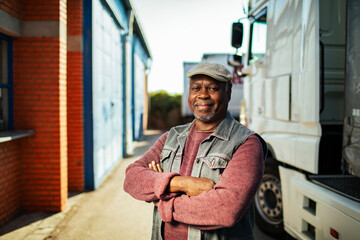 Portrait of a confident middle aged male truck driver at truck stop