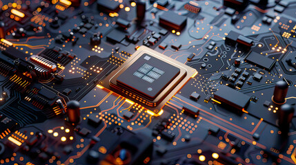 3D render of CPU chip on motherboard abstract design detailed circuit board with microchips and computer parts 