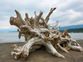Obraz premium Hokkaido beach showcases driftwood sculptures highlighting coastal artistry and natural elements. Concept Nature, Art, Sculptures, Coastal Beauty, Hokkaido Beach
