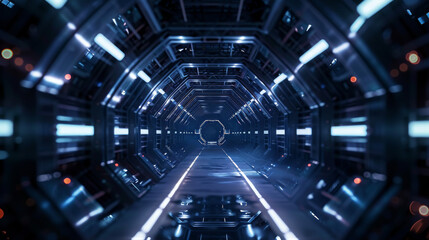 A 3D image of a dark, mysterious tunnel in space. The tunnel is futuristic and shaped like a spaceship corridor. It represents information technology, digital technology, and geometric shapes.