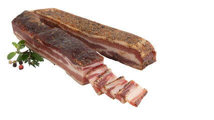 Fresh marinated pork belly slices cut out isolated transparent background