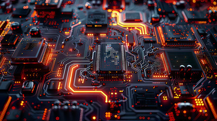 Obraz premium AI circuit board with system core activation processing data information technology and science concept detailed circuits glowing components 
