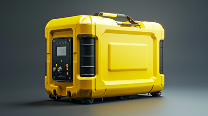 A bright yellow portable generator in 3D. It gives backup power in an emergency. Modern tech and cool design.