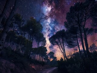 Milky Way Illuminates Forests of Granadilla, Extremadura Night Landscape; Starry Sky Over Tall Trees, Dramatic Cosmic Photography in Spain's Wilderness, Capturing Nature and Cosmic Beauty at Night