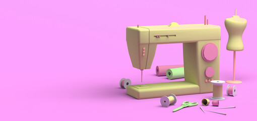 Sewing and fashion store. Fashion designer sewing machine. Copy space.  3D illustration.