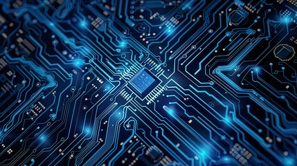 Fototapeta premium Blue circuit board with waves flow quantum computer technologies modern technology texture quantum explosion futuristic background 