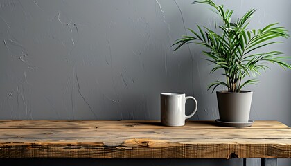 Wooden desk against a grey wall with a coffee mug and a gray potted plant, capturing a minimalist office aesthetic.