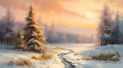 Winter landscape. Retro oil painting. Realistic wall picture of winter and Christmas. Christmas Card