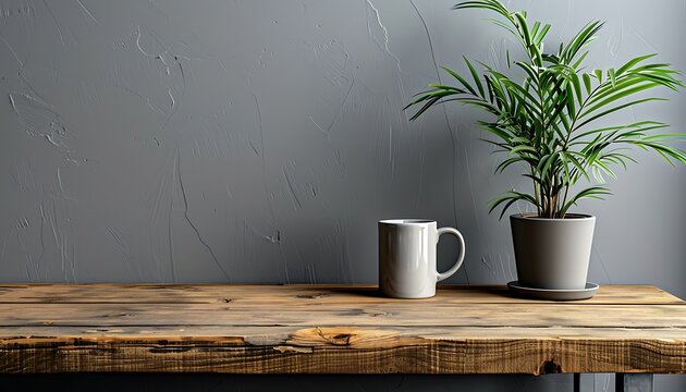 Wooden desk against a grey wall with a coffee mug and a gray potted plant, capturing a minimalist office aesthetic.