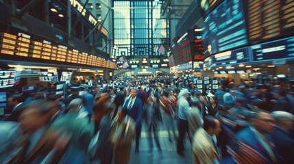 A large crowd of people are rushing through a stock exchange building. The image is taken from a low angle and shows the many digital screens displaying financial data.