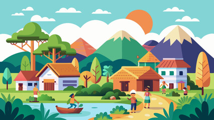 create flat and minimalist 2d cartoon village life