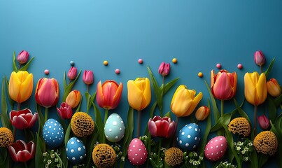 happy easter card template flat lay composition, colorful easter eggs tulips flowers decorative easter bunny.stock image