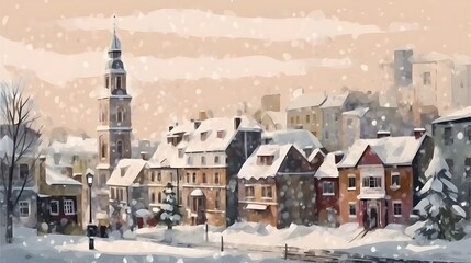 A snowy cityscape featuring a clock tower in the background