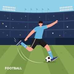 축구 경기장에서 공을 차는 축구 선수 일러스트.