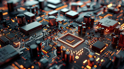 Obraz premium CPU chip on motherboard abstract 3D render processor computer chip circuit board with microchips and other computer parts intricate design