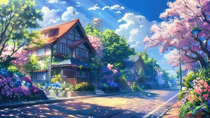 Fototapeta premium Whimsical anime neighborhood with a quaint house on a quiet street, accented by colorful flowers and soft sunlight
