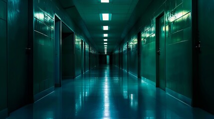 Fototapeta premium A long hallway with green doors and lights.