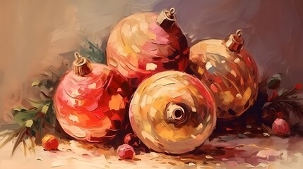 A collection of holiday decorations displayed on a table. oil painting retro style