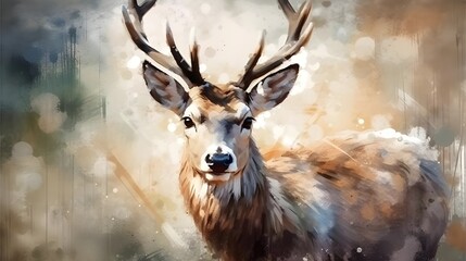 Portret animal, the deer with its antlers, is standing in the snow, gazing at the camera, showcasing natural wildlife beauty, oil painting