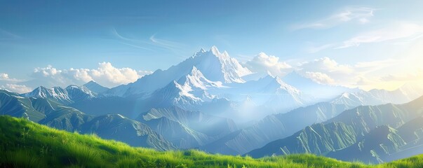 Fototapeta premium Majestic mountain range with snow-capped peaks under a clear blue sky.