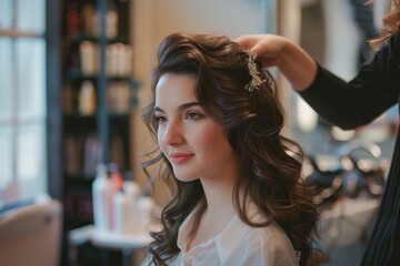 Woman getting her hair done with beautiful accessories in a beauty salon